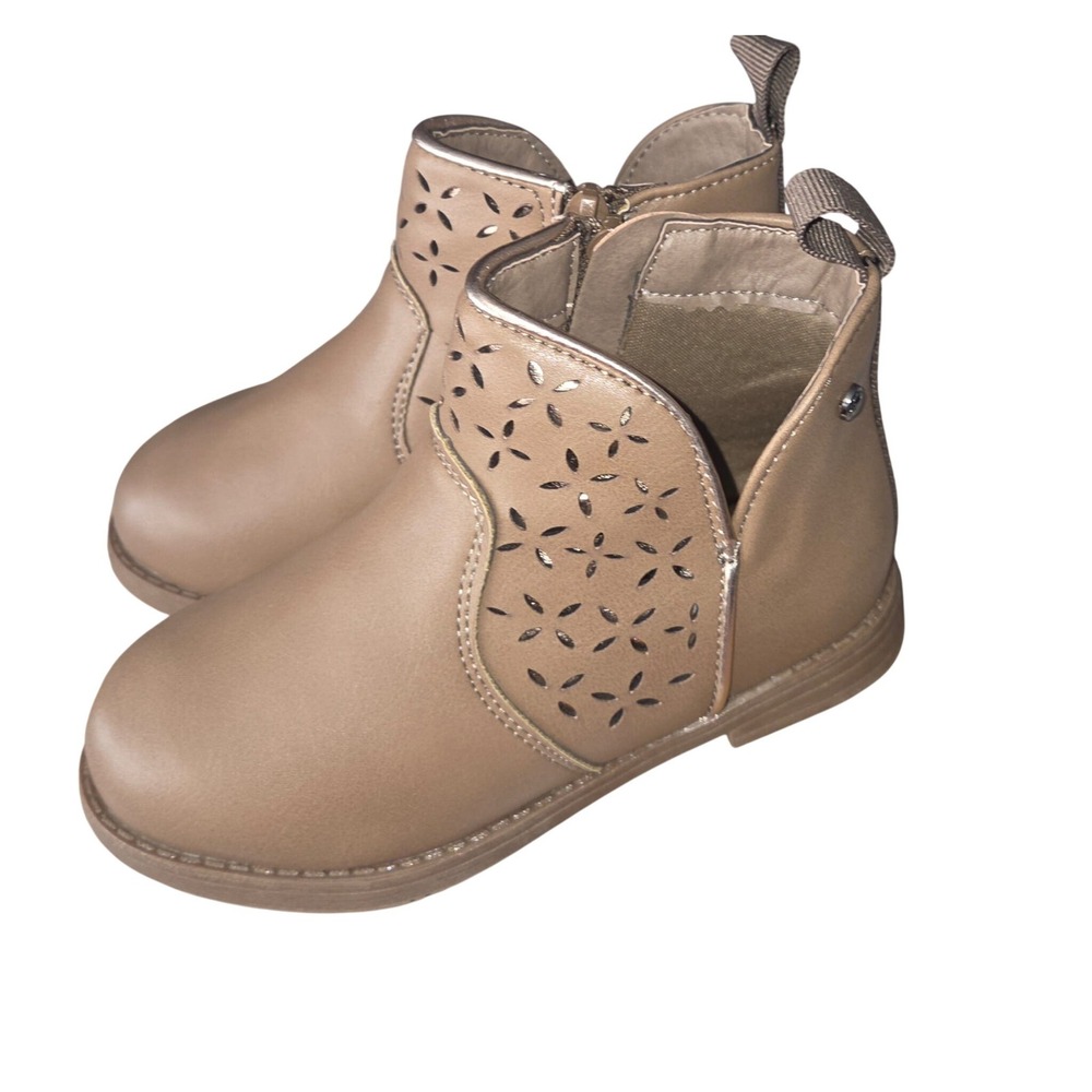Lucky Brand Tan Floral Laser Cut Ankle Boots Tan Gold Trim Zipper Bootie Size 2
